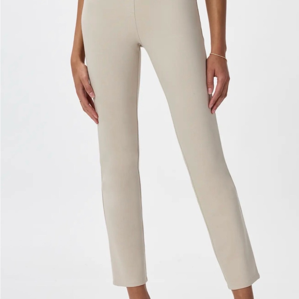 Slim High-Rise Stretch Pants in Light Beige